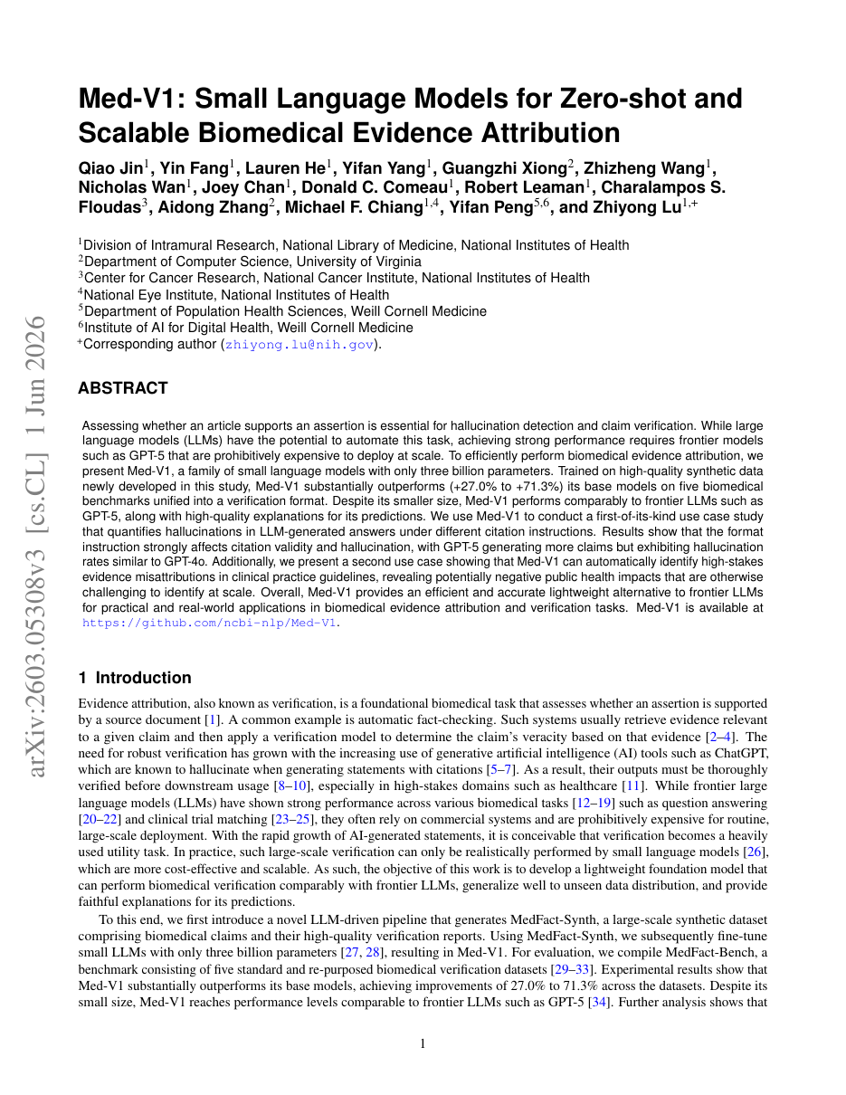 First page of the Med-V1 paper